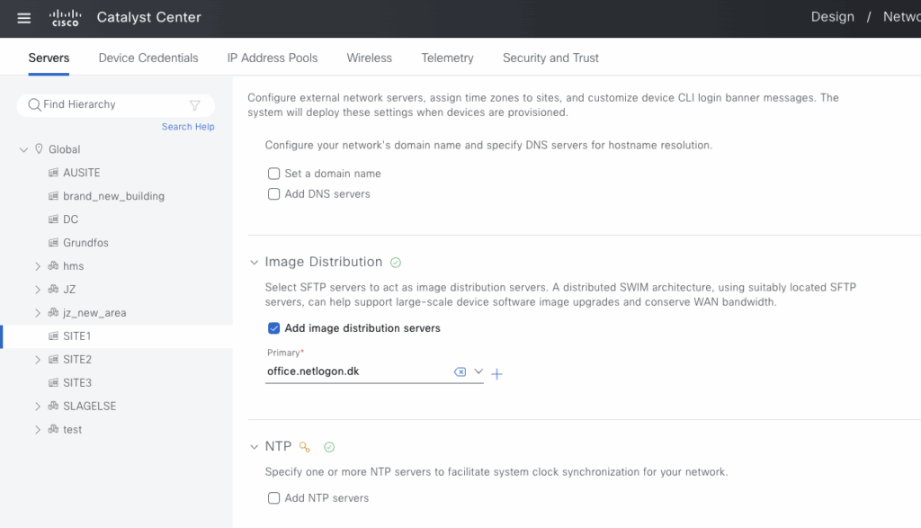 Network Settings konfiguration for site-specifikt image repository